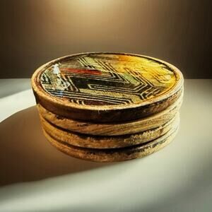 Vintage Handmade Decoupage Coasters Set of 4 – Boho Geometric Retro 1970s Table